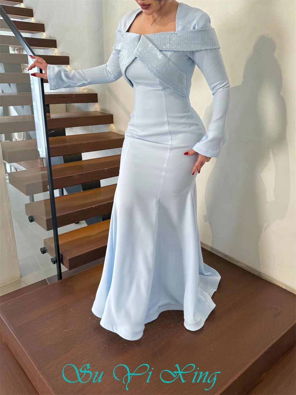 Customized Sexy Blue Jersey Evening Dress Classic Square Collar Long Sleeves Party Dress Sexy Mermaid Sweep Train Cocktail Dress