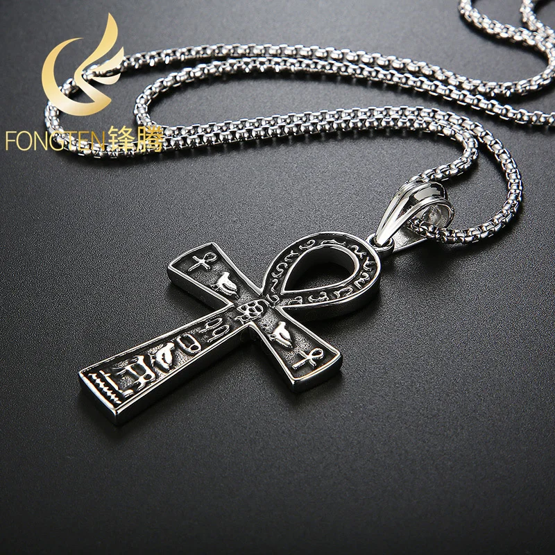 Fongten Trendy Rock Hip Hop Ancient Egyptian Pictographic Cross Men's Stainless Steel Pendant Necklace Fashion Jewelry Box Chain