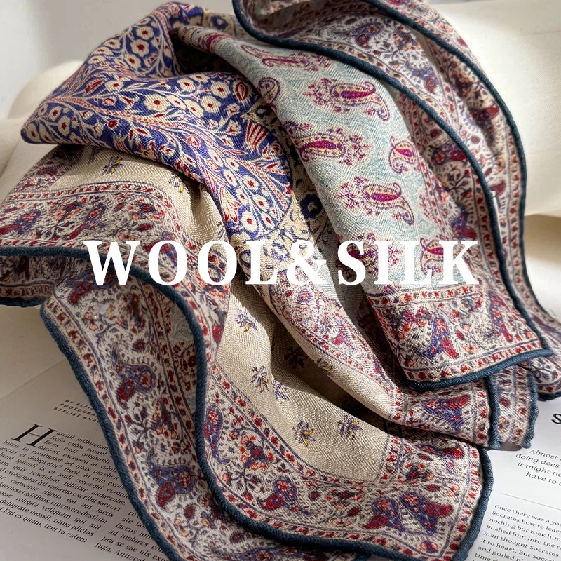 

30% Silk 70% Wool Scarf for Women Autumn Winter Women's Neck Warmer Ethnic Purple Paisley Print Square Scarf Russian Shawl