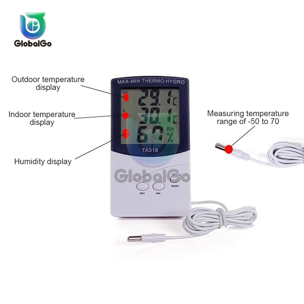 TA318 LCD Digital Humidity Temperature Meter 1.5M Probe Indoor Outdoor Weather Station Sensor Tester Thermometer Hygrometer