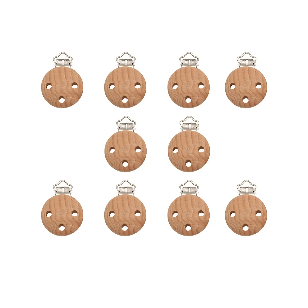 10Pcs Round Wooden Pacifier Clips 35Mm Three Holes Natural Grain Teething Soother for Infant Baby Teeth Growth Stroller Car Seat