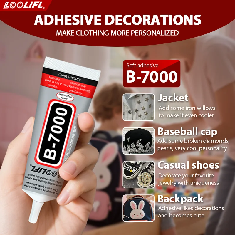 A nova super cola b7000 é transparente e instantaneamente seca, adequada para decoração de tecidos feitos à mão e reparação de itens, com operação simples.