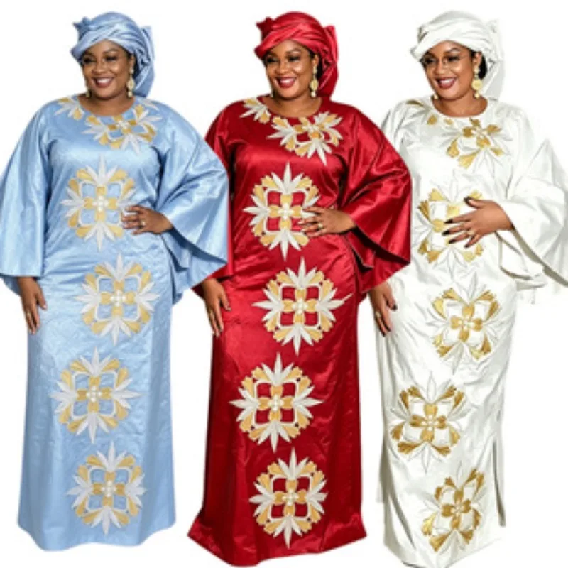 Plus Size African Clothes for Women 2026 New Dashiki Ankara Embroidery Bazin Riche Design Wedding Party Dresses with Headscarf