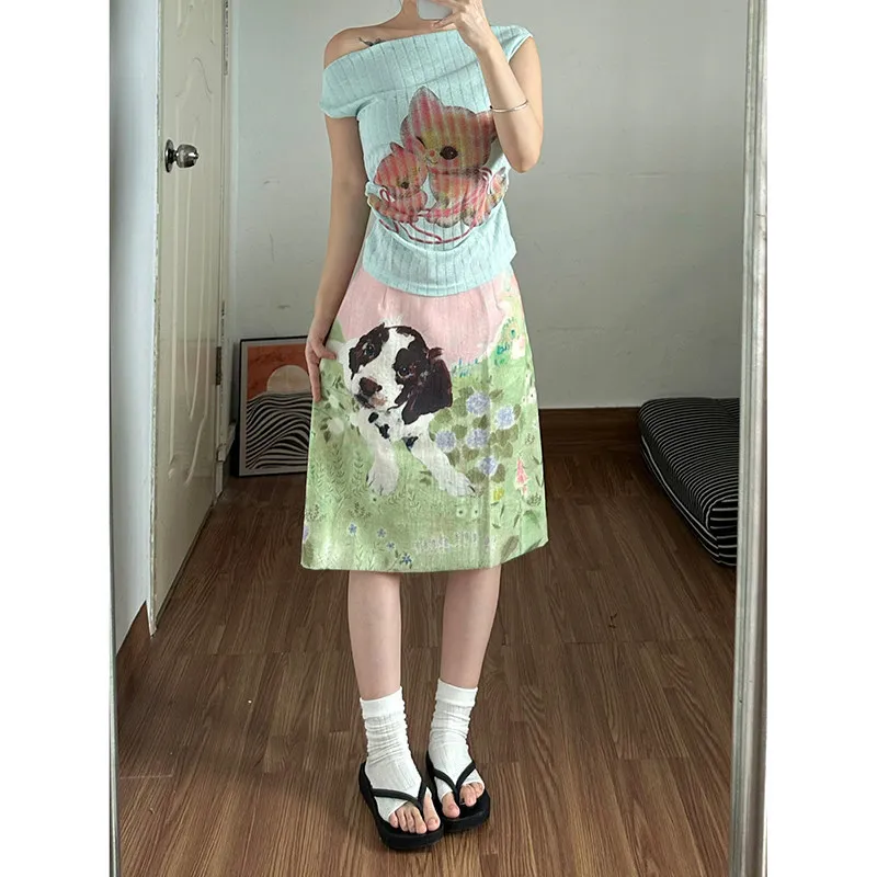Y2k Dog Fun Printed Elegant Prairie chic Harajuku style Retro fashion Green Cat Half Skirt  Mint One Shoulder top Two Piece Sets