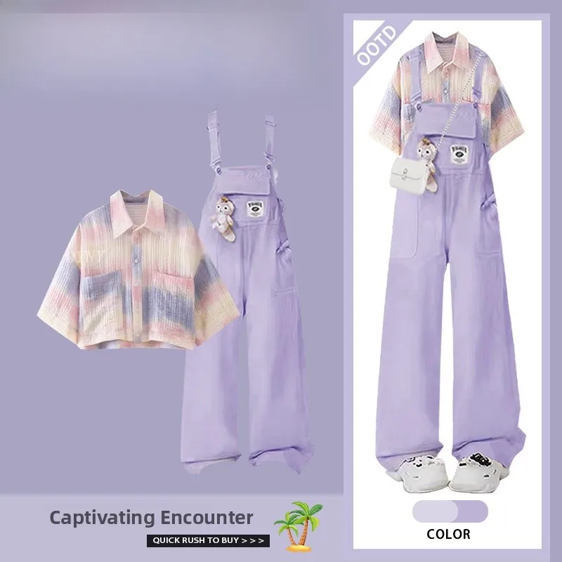 

Летний антивозрастной женский комплект: фиолетовая контрастная рубашка и джинсовый комбинезон с высокой талией, повседневный стиль, эффект похудения, комплект из двух предметов