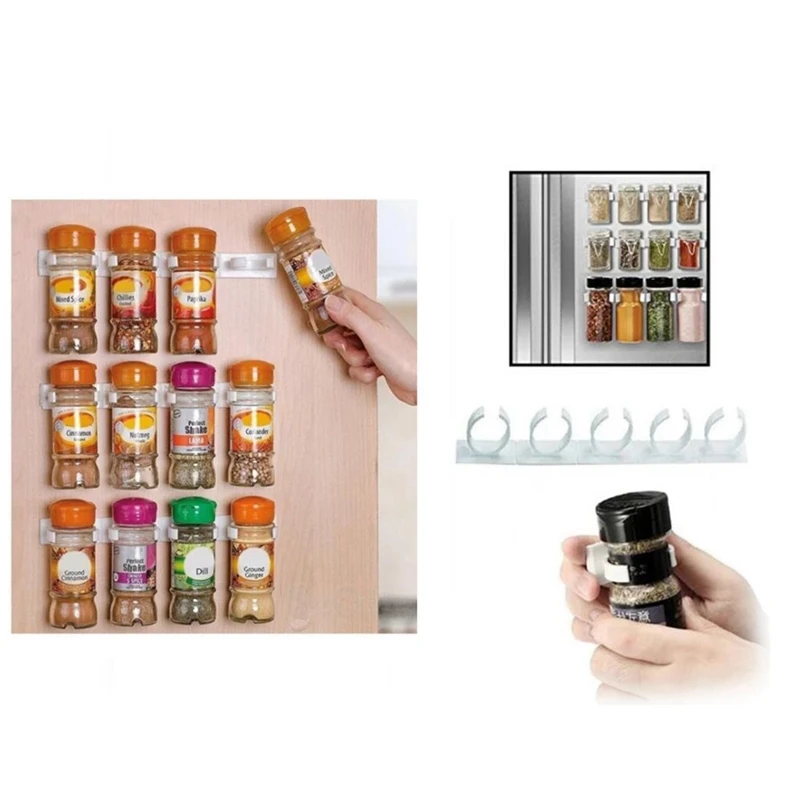 SEWS-4 Pcs Kitchen Spice Jar Rack Wall-Mounted Adhesive Seasoning Bottles Holder Cabinet Door Hooks Spice Bottle Hanging Clip