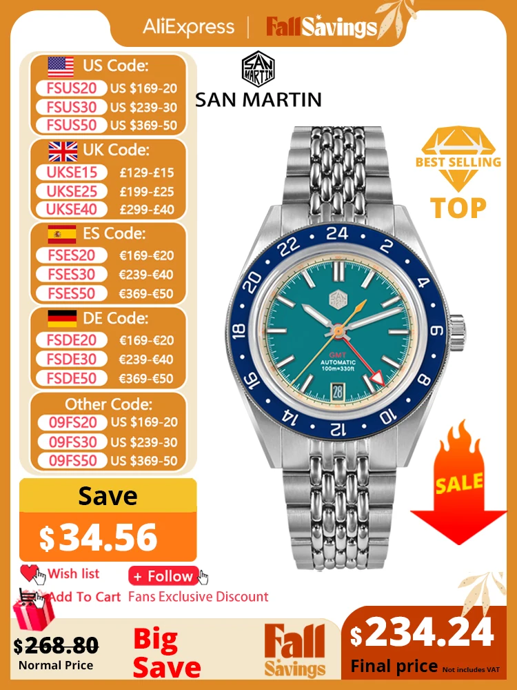 

San Martin Original Design Fashion GMT 39.5mm Men Sports Watch Japan NH34 Automatic Mechanical Waterproof 100m SN0116 Reloj