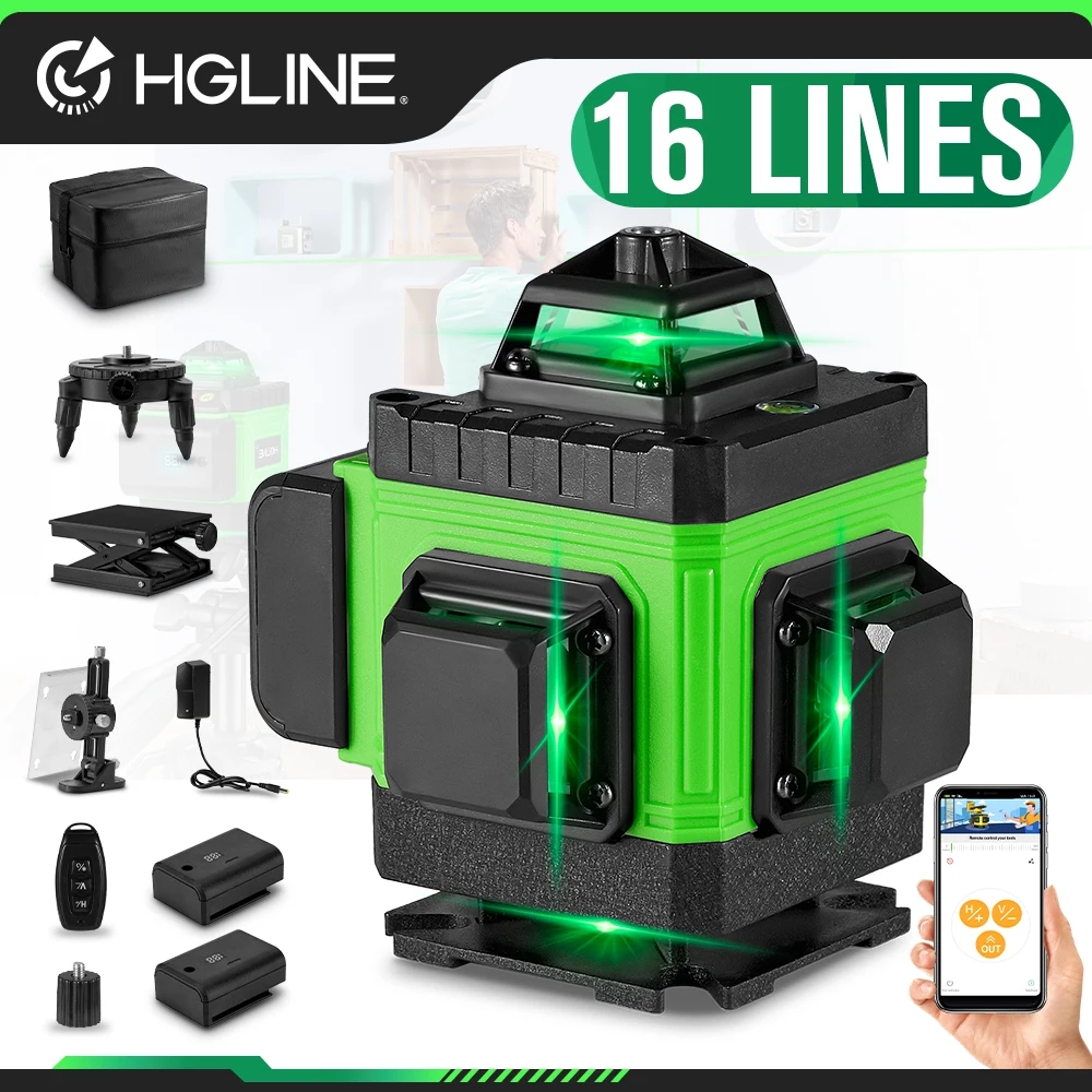 HGLINE 16 Lines 4D Laser Level Green Line Self-Leveling 360° Horizontal Vertical Super Power Laser Level with APP Remote Control