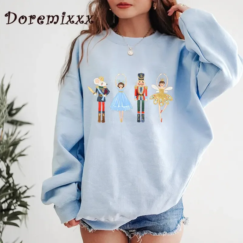 Women Loose O-Neck Nutcracker Sweatshirt Cotton Long Sleeve Casual Female Simple Pullovers Sugar Plum Fairy Hoodies Christmas