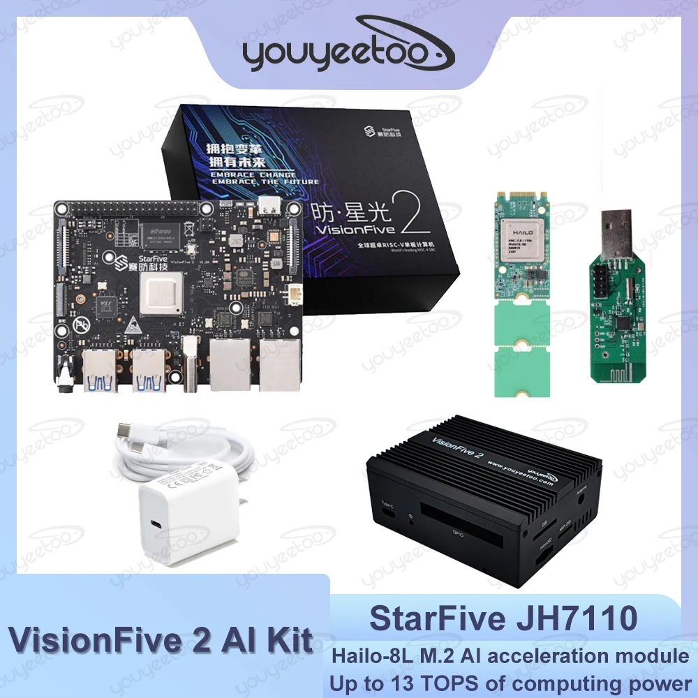 

Visionfive2 Hailo 13TOPS AI Kit StarFive JH7110 Risc-V Single Board Computer 2x GbE LAN Port Hailo-8L M.2 AI Acceleration Module