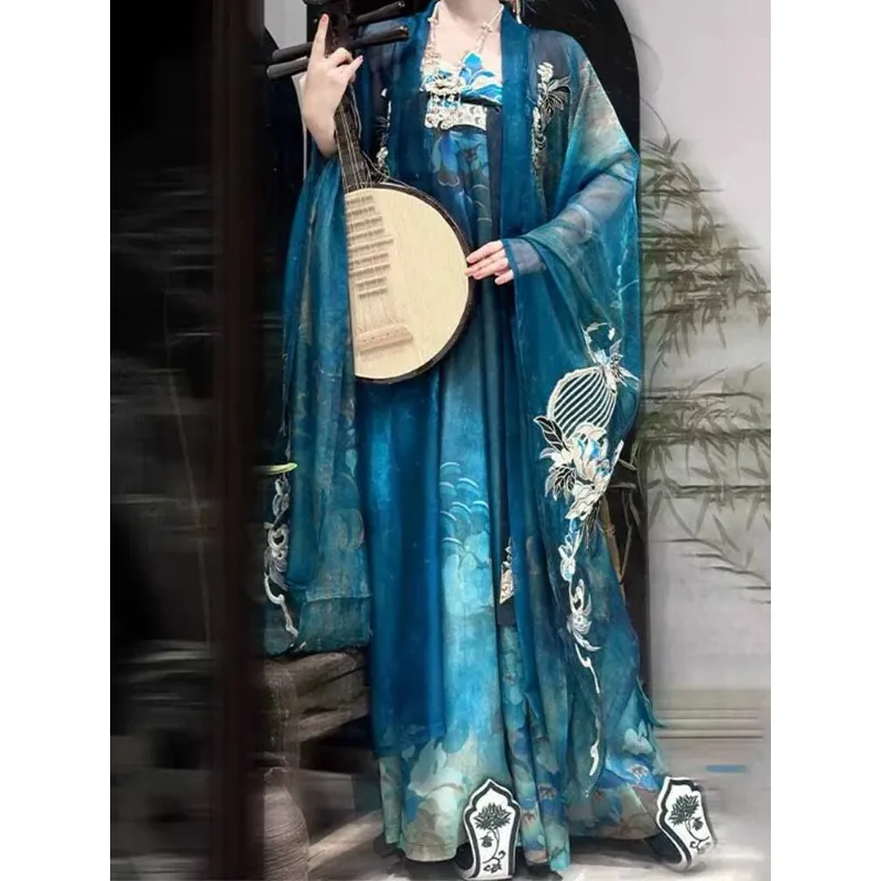 Women's Tang Dynasty Style Hanfu Dress -Traditional Chinese Embroidered Blue Hanfu Suits Cosplay Costume Gothic Fairy Costume