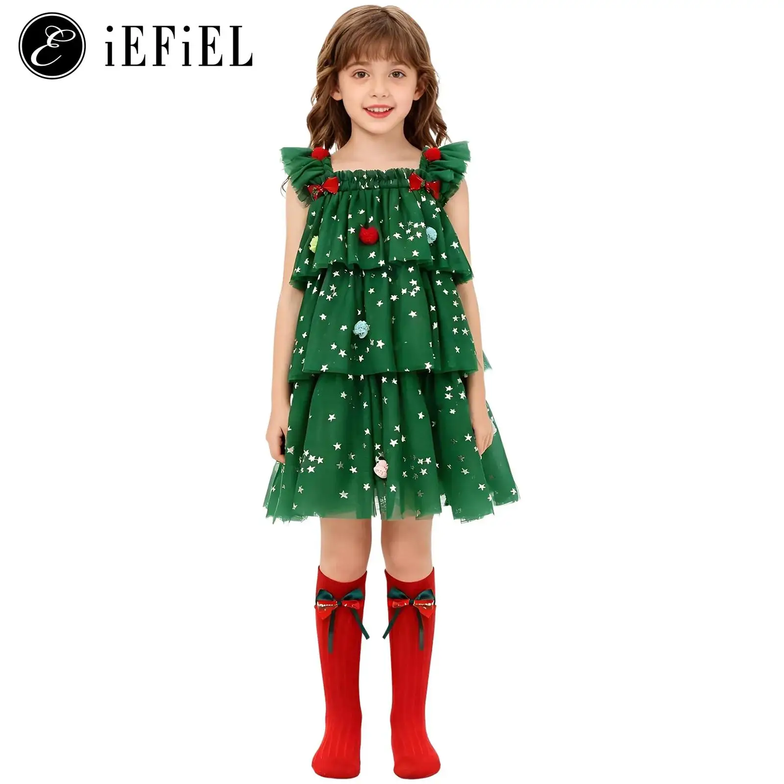

Little Girls Christmas Tree Cosplay Costume Sparkly Sequins Ruffles A Line Tutu Princess Dress with Stocking Xmas Roleplay Suits