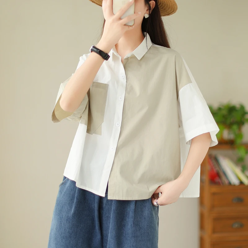 Loose Short Sleeve Shirt Women's plus Size Design Casual Korean Style Patchwork Top Breathable Cotton Polyester Blend Summer