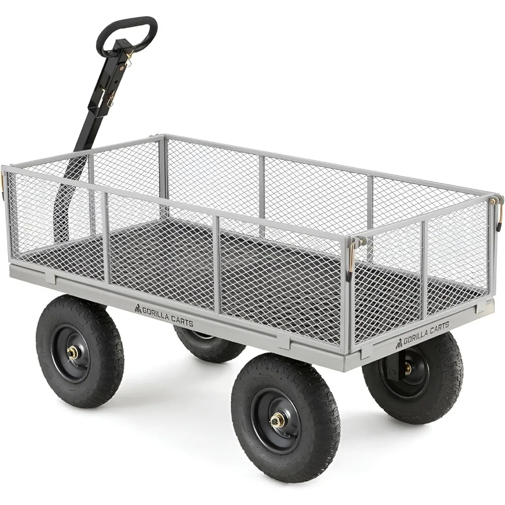 

steel utility cart, 7 cu ft bed, 1000 lb load capacity, gray – towable heavy-duty outdoor hauling wagon with removable side pan