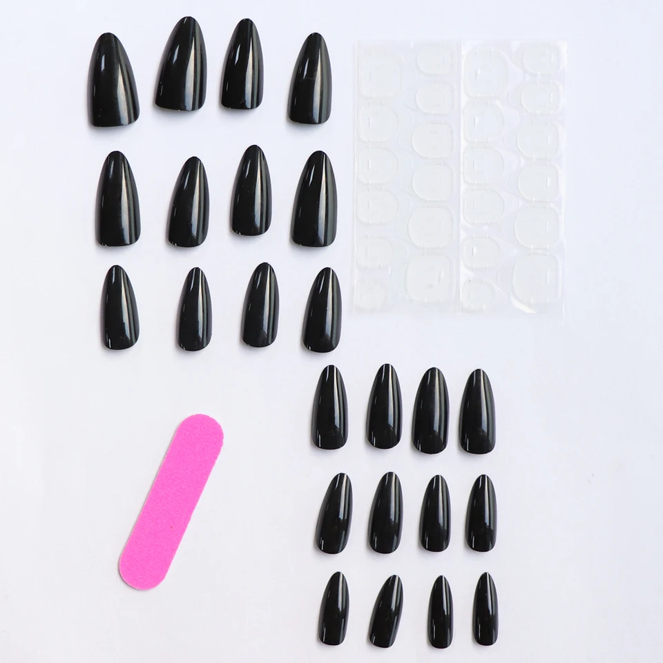 24 Uñas Postizas Acrílicas Negras Cuadradas Largas, Estilo Bailarina, Desmontables, Forma Almendra 3