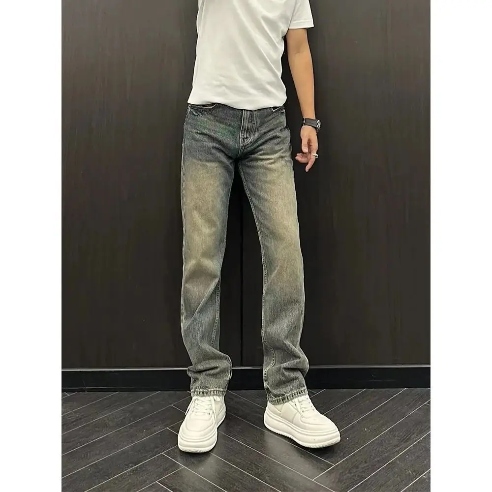 กางเกงยีนส์ผู้ชายสไตล์วินเทจ คอลเลคชั่นฤดูใบไม้ผลิ/ฤดูร้อน 2025 ดีไซน์เนอร์แบรนด์หรู เรียบง่าย สไตล์คาวบอย ทรงตรง ยืดหยุ่น กระชับรูปร่าง