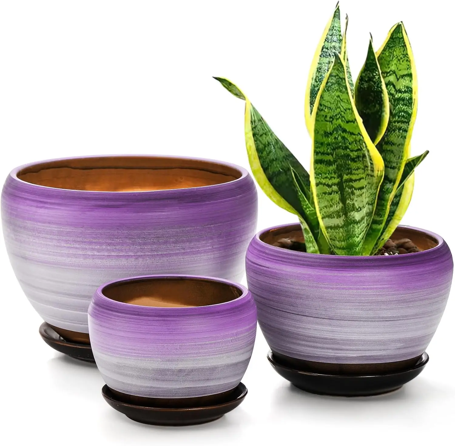 

3-Piece Ceramic Planter Set, Gardening Pots with Drainage Holes and Tray, 7/5/4 Inch Purple Round Succulent Cactus Pots