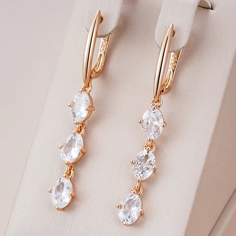 Kinel Hot White Oval Natural Zircon Dangle Earrings 585 Rose Gold Color Wedding Jewelry for Women Party Daily Accessories