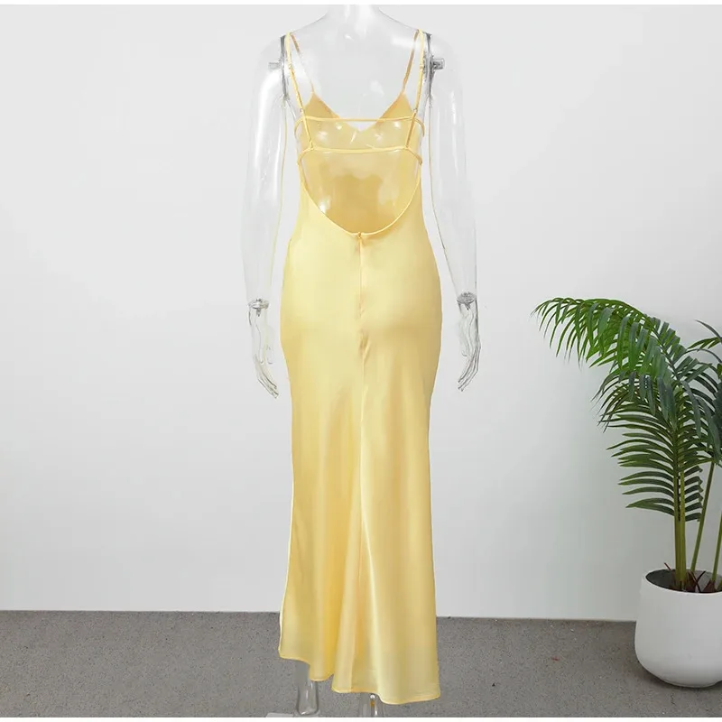 Mulheres elegantes amarelo cetim estilingue vestidos longos sexy decote em v sem costas sem mangas cintura alta robes chique senhora vestidos de festa à noite