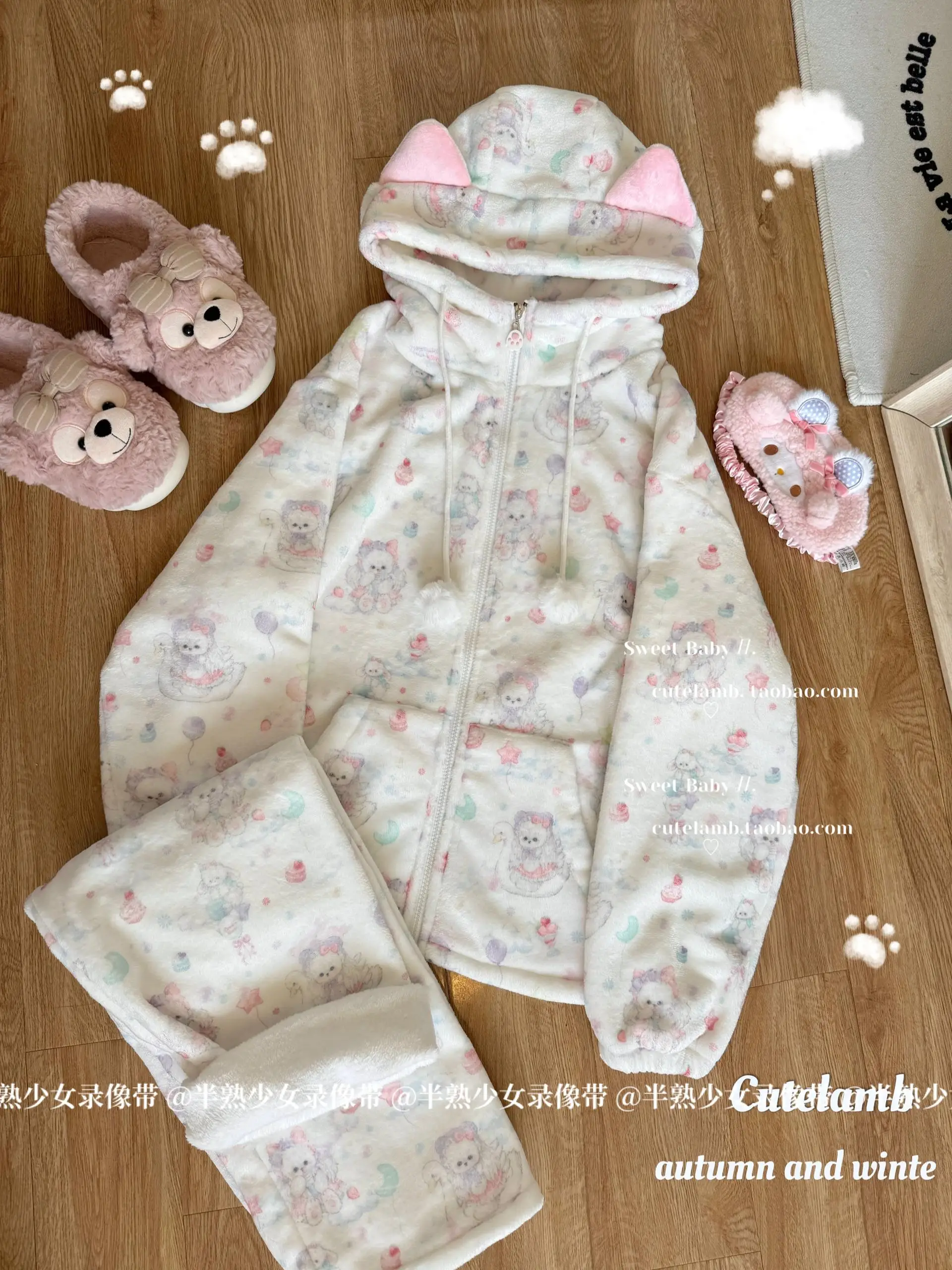 Pyjama à Capuche avec Oreilles de Chat pour Femme, Vêtements de Nuit Mignons à Manches sulf, Imprimé Dessin Animé, Fermeture Éclair, Doux et Chaud, Japonais, pour la Maison, Nouvelle Collection 2025