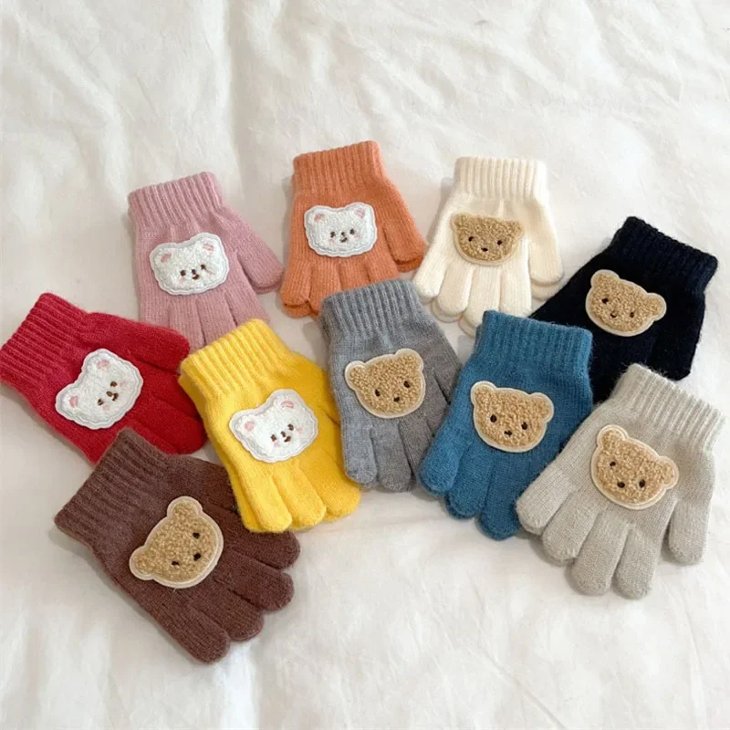 2024 New Children Warm Gloves Autumn Winter Cartoon Bear  Baby Five Finger Mittens Students Toddler Writing Cycling Mitten 1-4Y