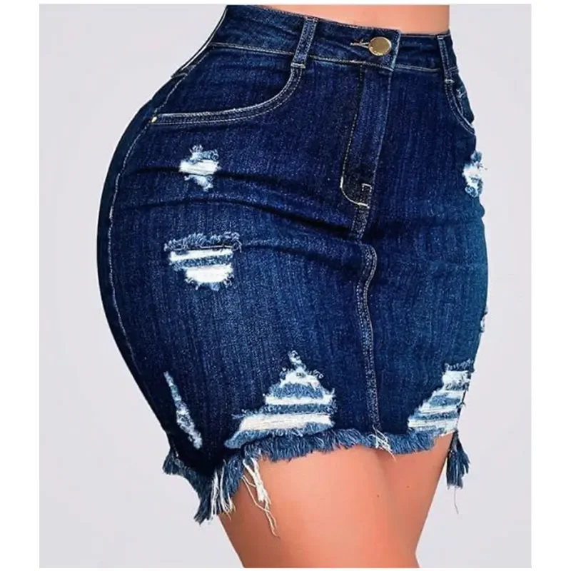 Plus Size Ripped Holes Bodycon Mini Denim Skirts 4XL 5XL Summer Sexy Ladies Tassel Short Pencil Skirts Wrap Jeans Skirt