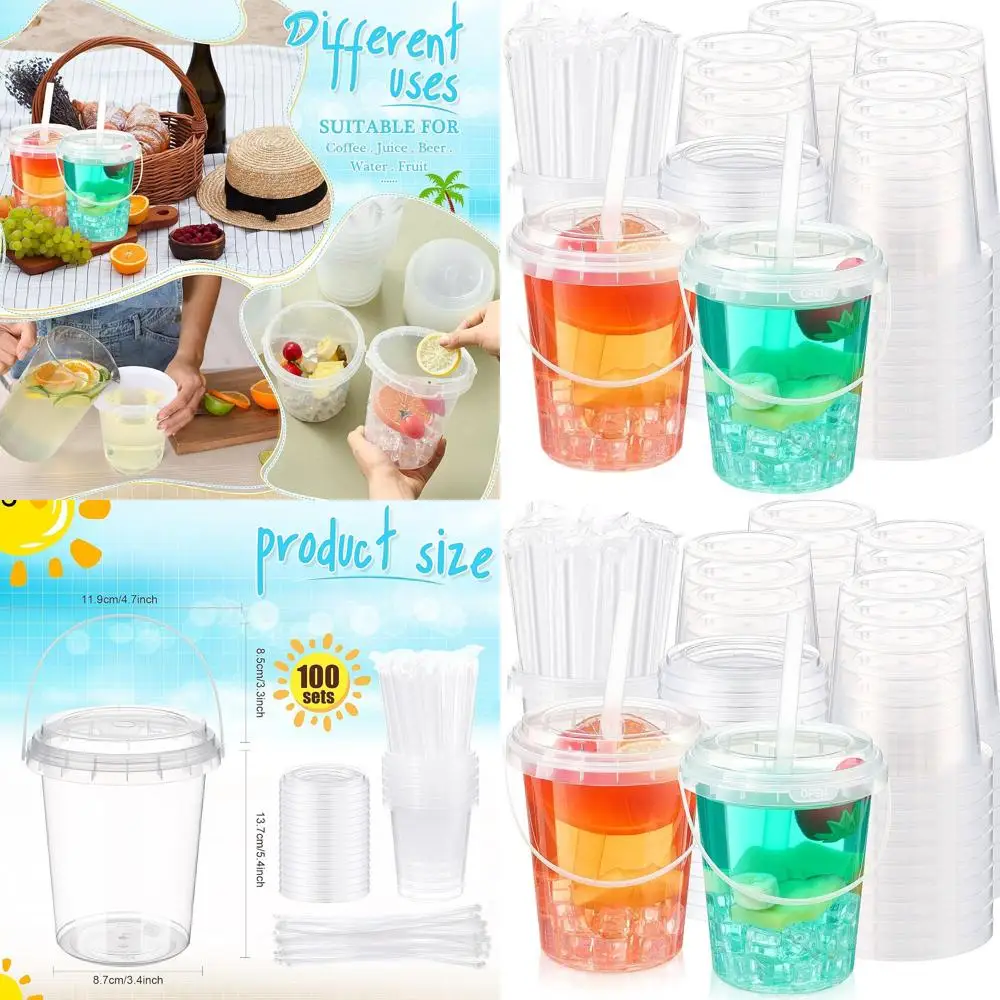 

100 упаковок прозрачных пластиковых стаканчиков емкостью 34 унции с крышками, соломинками и ручками для вечеринок, пляжей и торжеств по случаю дня рождения