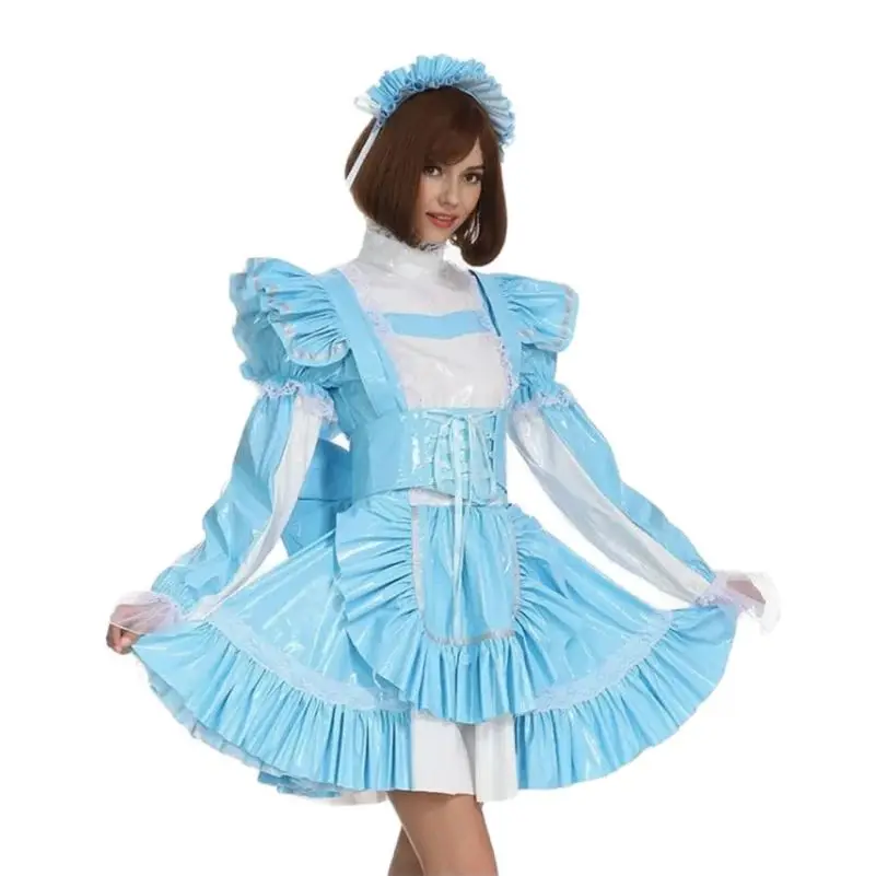 

French Sexy Adult Custom Fetishist Cross Dressing Sissy Sky Blue PVC Long Sleeved Shoulder Fluffy Cross Back Independent Apron