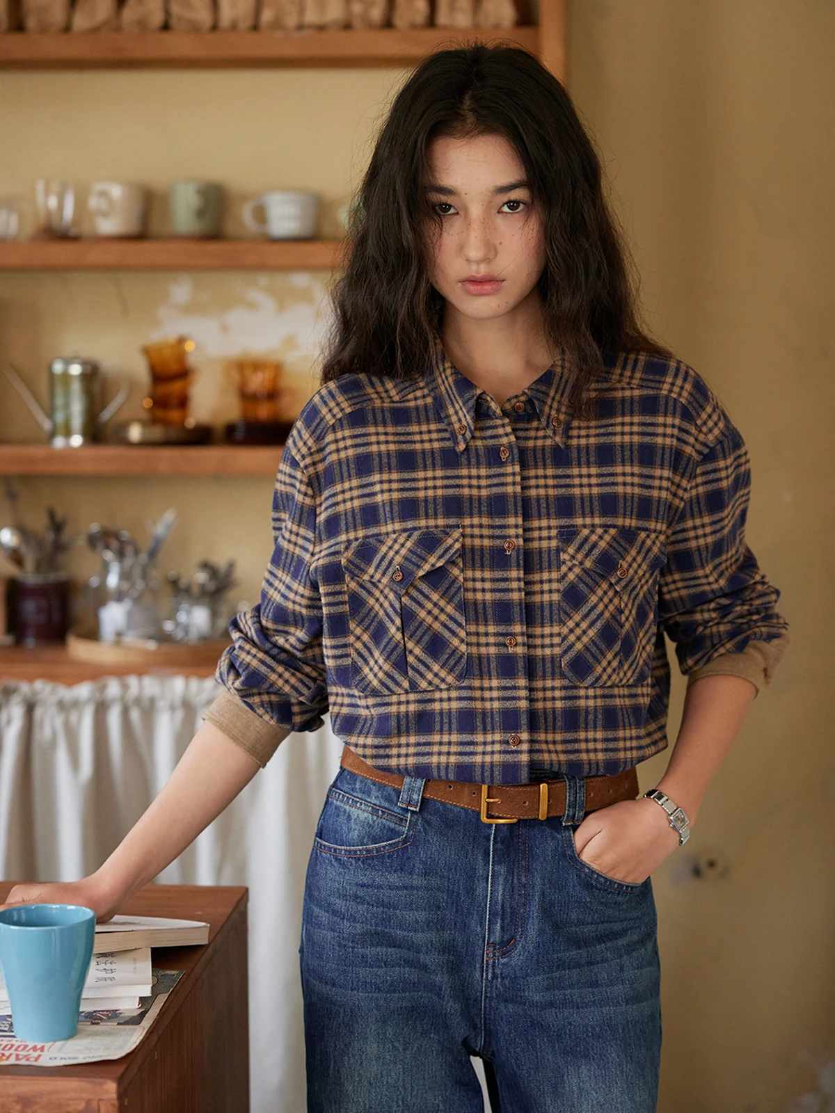 

Solighter Retro Plaid Fce Lined Thi Long Sve Women's irt Winter New Sle Loose Fit Cotton Button up Top