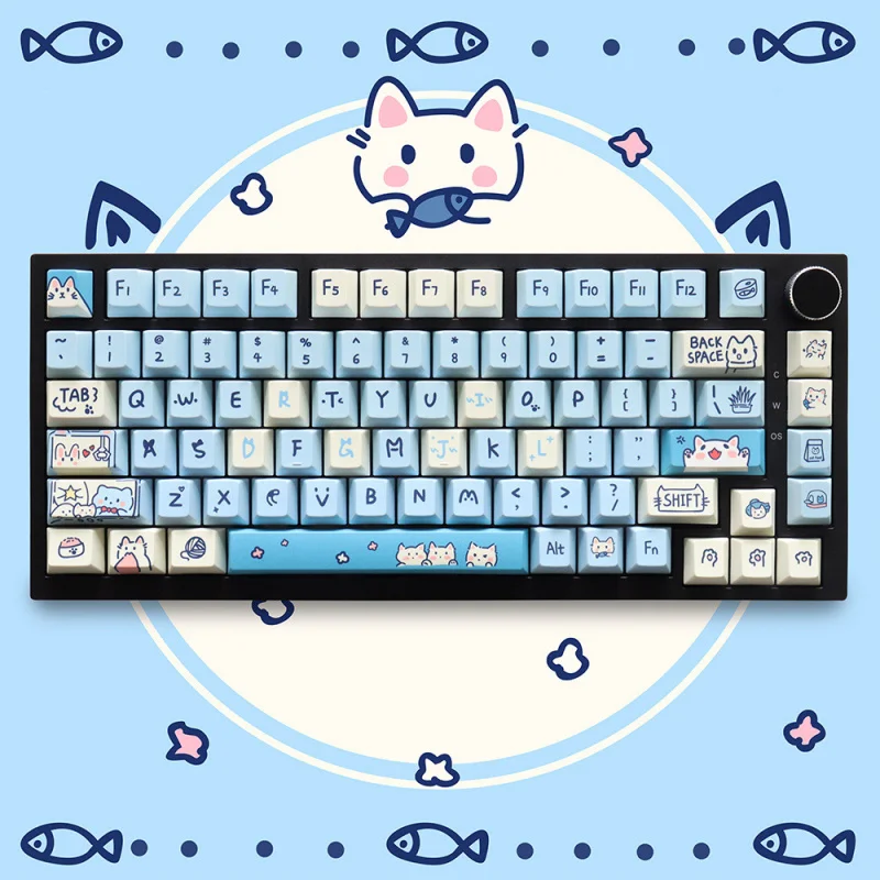 Cute blue cat-themed keycapsPBTMaterial is highly sublimated from the original factory130Keys suitable for mechanical