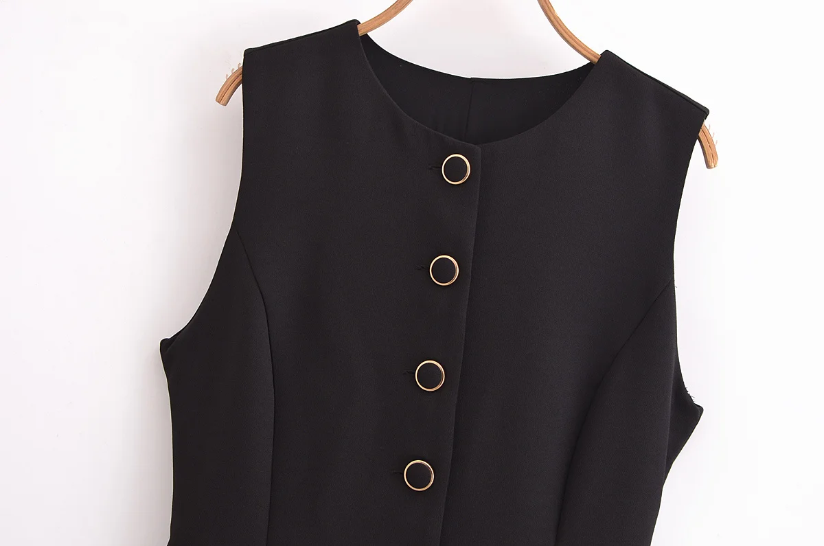 TRAFZA femmes été O cou sans manches taille haute décontractée solide combinaisons femme Chic élégant simple boutonnage mince Mini combinaisons