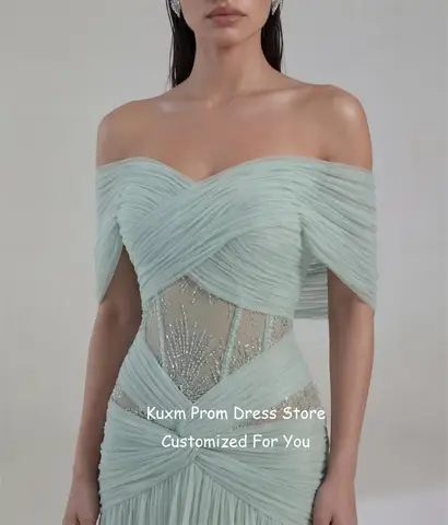 Kuxm Fashion Chiffon Evening Dresses Long Train Sweetheart Backless Elegant Prom Gowns Off The Shoulder Beading Dress Customized
