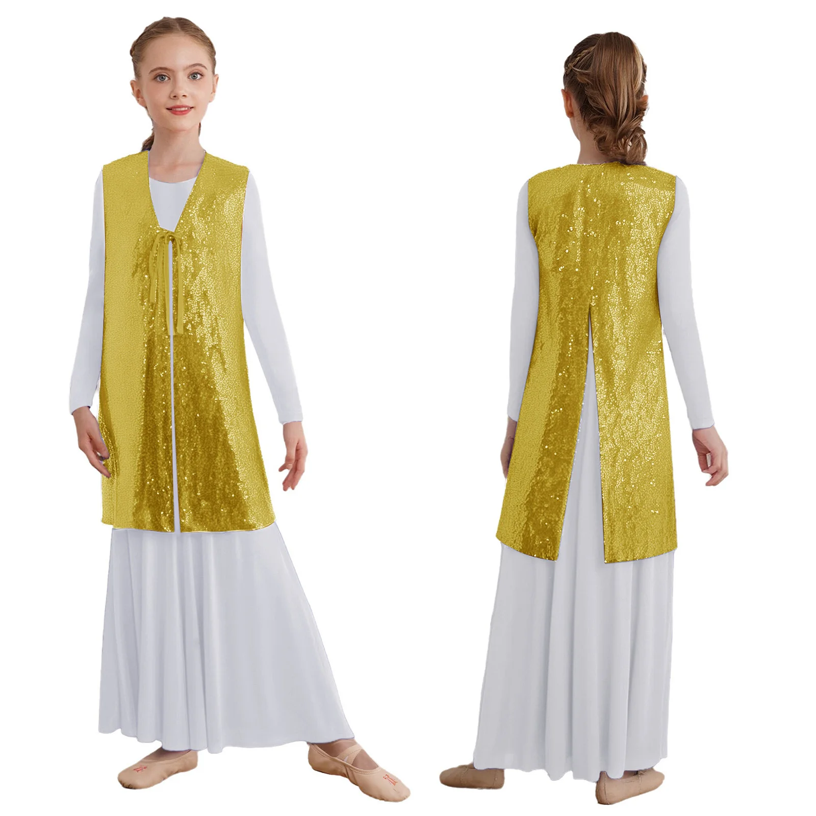 

Girls Two-pieces Praise Choir Modern Contemporary Dance Performance Dresses Sleeveless Shiny Tunic with Long Sleeve White Dress