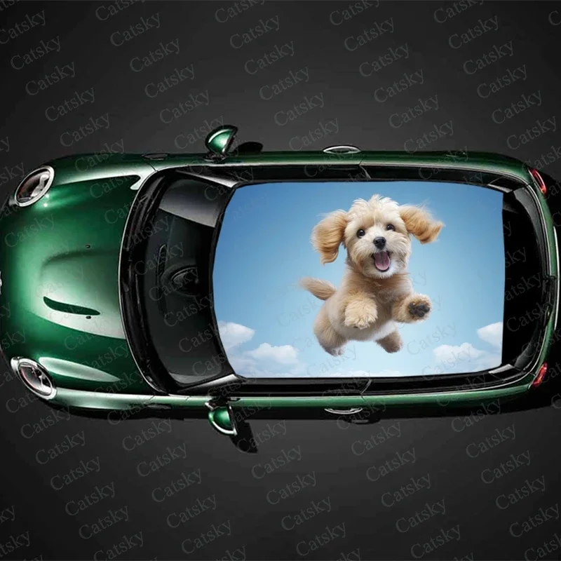 Cute Dog with Blue Sky Car Roof Sticker Wrap Racing SUV Accessories Packaging Painted PVC Custom Car Graphic Decal