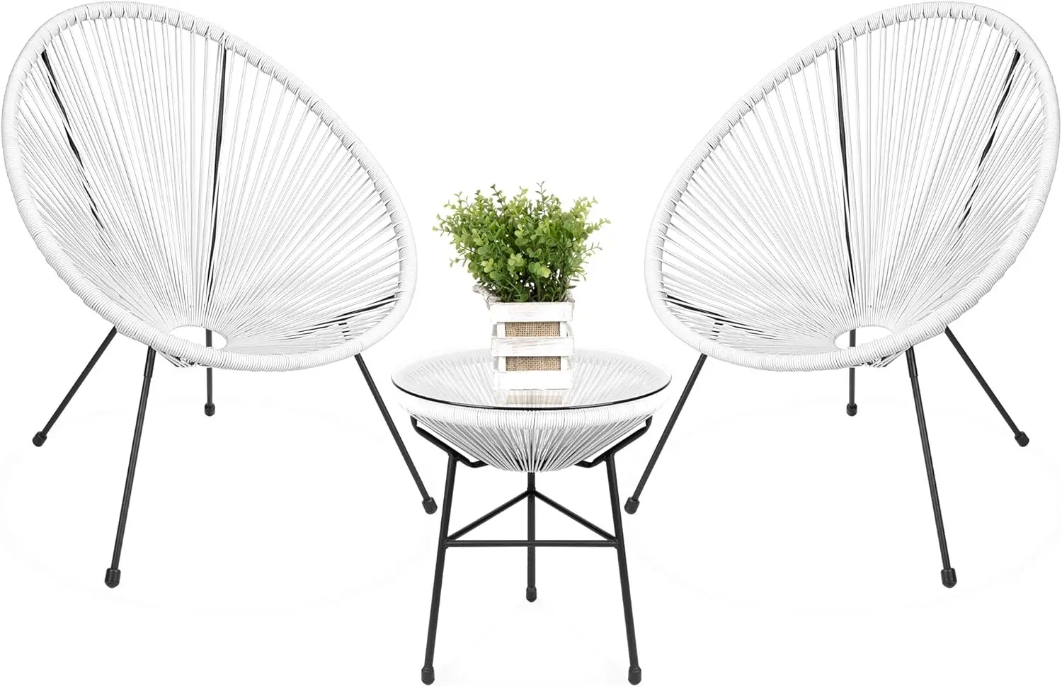 3-Piece Outdoor Acapulco All-Weather Patio Conversation Bistro Set w/Plastic Rope, Glass Top Table and 2 Chairs - White