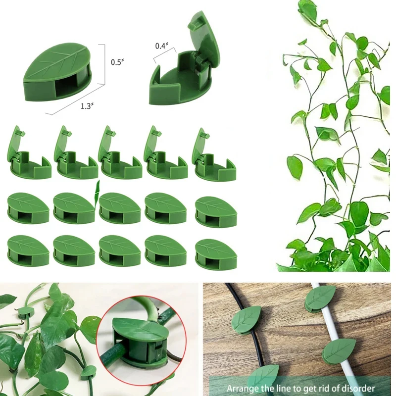 50PCS Plant Climbing Wall Clip, Self-adhesive Hook Vine Traction Bracket Support Line, Green Leaf Simulated Garden Wall Clip