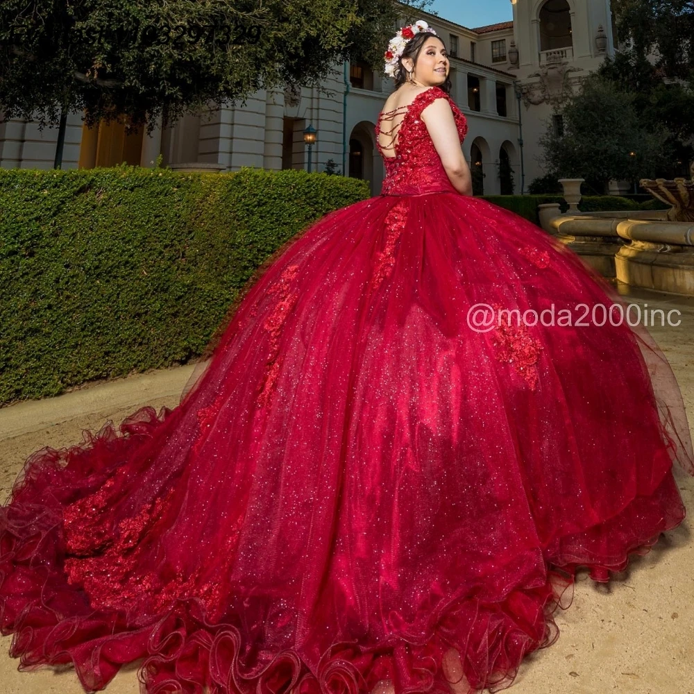 Блестящее Красное Бальное Платье EVLAST Quinceanera, блестящее кружевное платье с аппликацией и бисером, Мексиканский корсет, милый 16 Vestido De 15 Anos TQD943