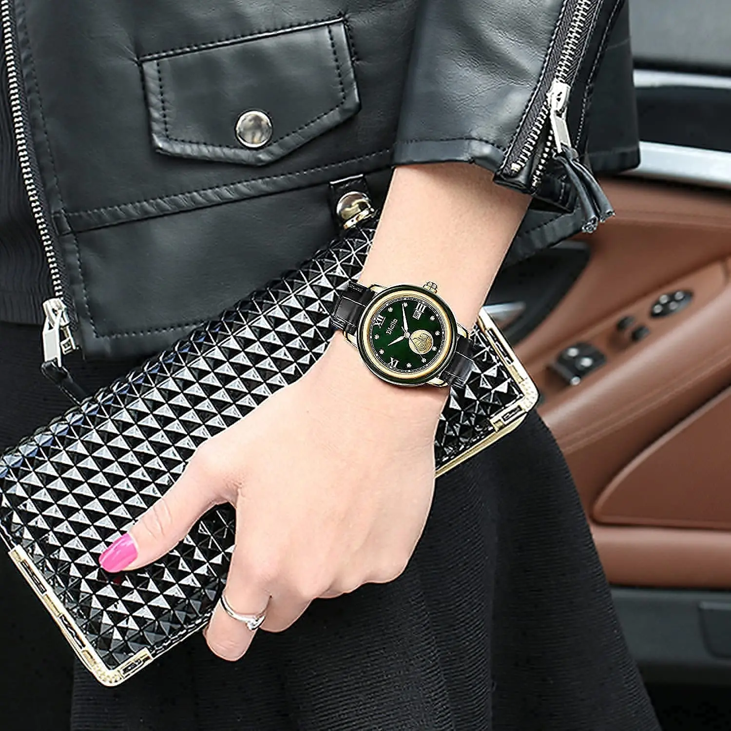 Diella مطابقة الساعات للأزواج ، فستان اليشم الفاخرة ، ساعة معصم مع حركة الكوارتز اليابانية ، الهدايا الجلدية للرجال والنساء