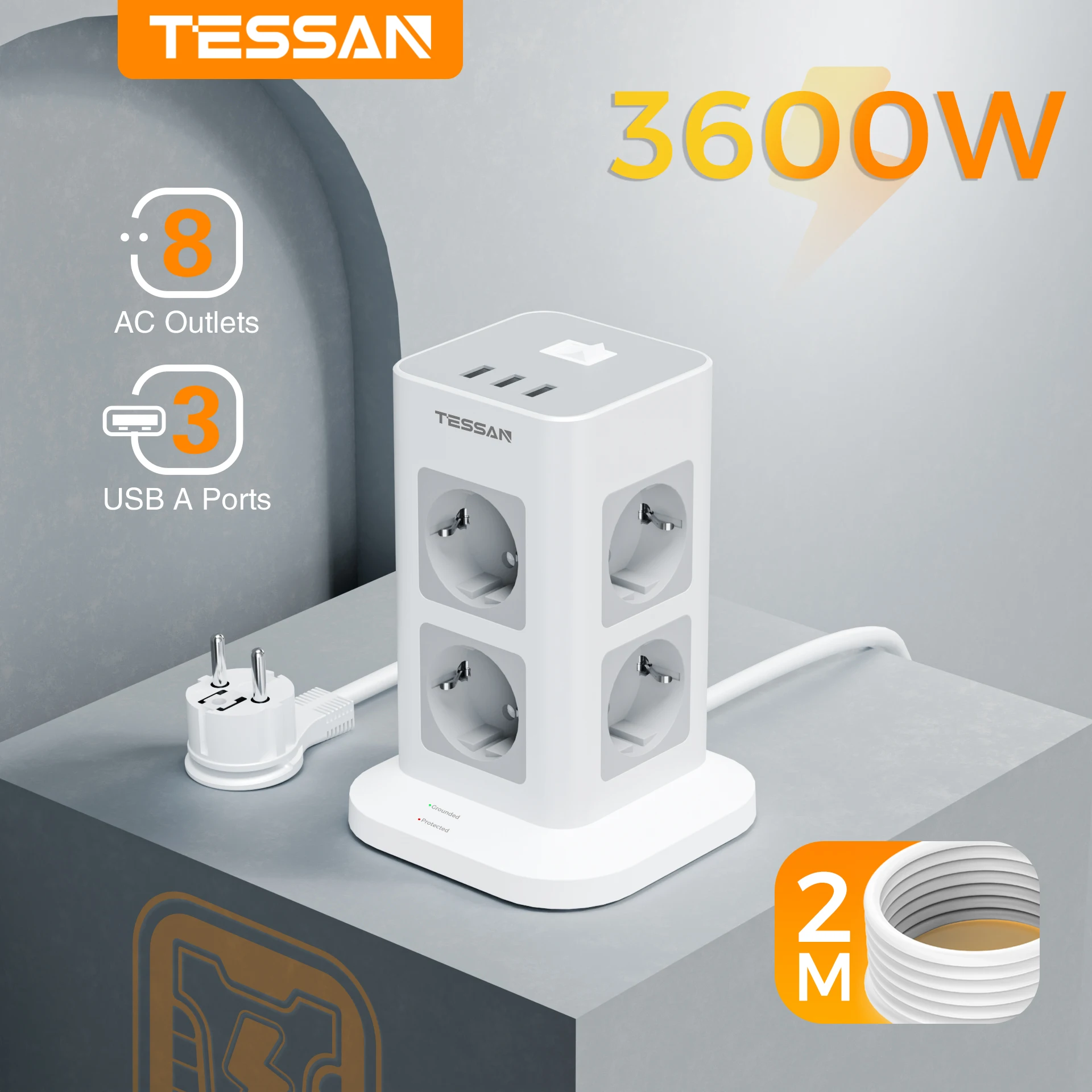 TESSAN Tower Power Strip Multi Outlets with USB, 2M Extension Cable EU Plug Vertical Electric Socket Surge Protection for Home