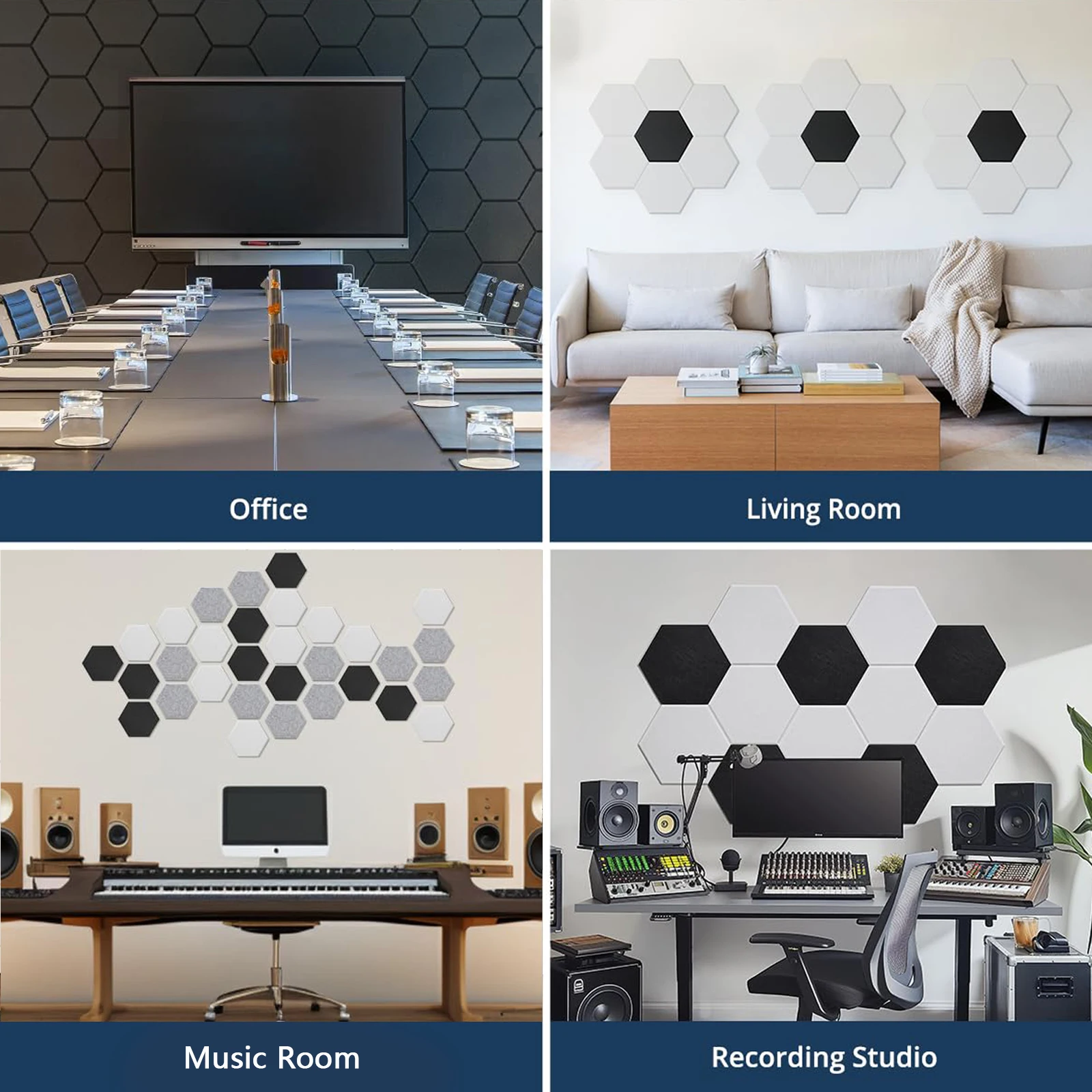 12-Pack Self-Adhesive Hexagonal Acoustic Panels (30x26x0.9cm), High Density Sound Absorbing Wall Tiles for Recording Studios