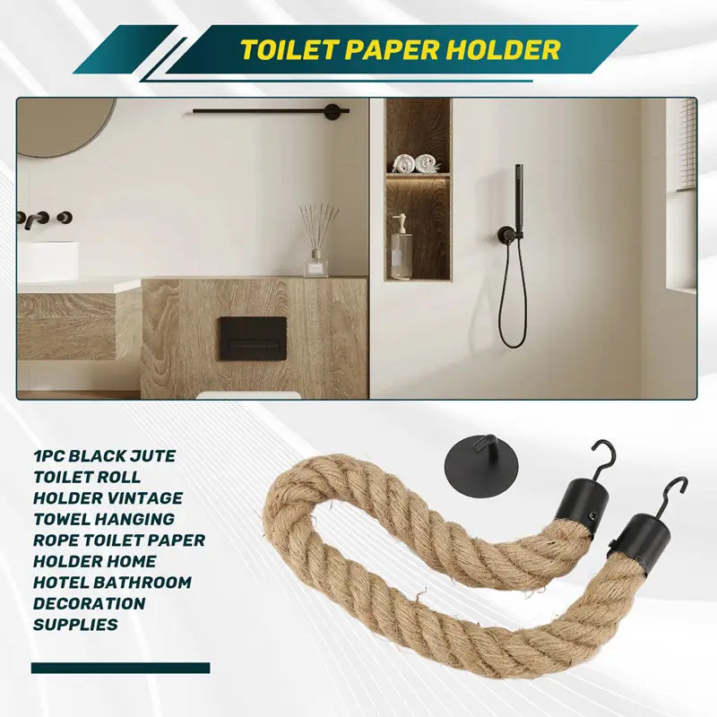 TKOH-1PC الأسود الجوت مناديل حمام حامل خمر منشفة معلقة حبل حامل ورق المرحاض المنزل فندق الحمام لوازم الديكور