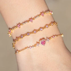 Pulsera de cadena con lazo de circonita brillante para mujer y niña, brazalete de cristal rosa, joyería encantadora, regalos de fiesta