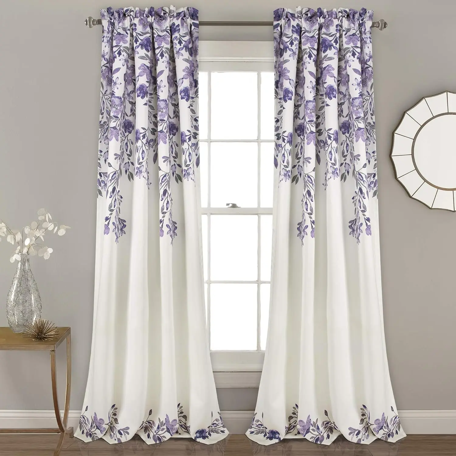 

Light Filtering Curtains Set of 2 - Floral Vine Print Window Panels 52x84 Purple Gray for Living Room Bedroom