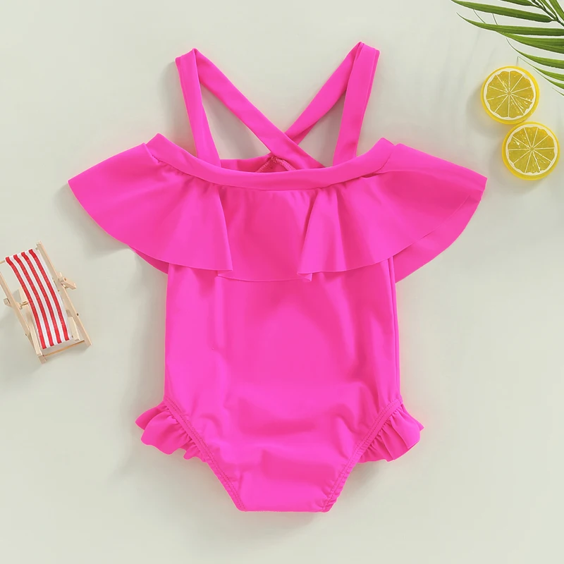 Yiiciovy Traje de baño con volantes para niñas pequeñas, traje de baño encantador para niños pequeños, ropa de playa, bonito traje de baño sin mangas con hombros descubiertos