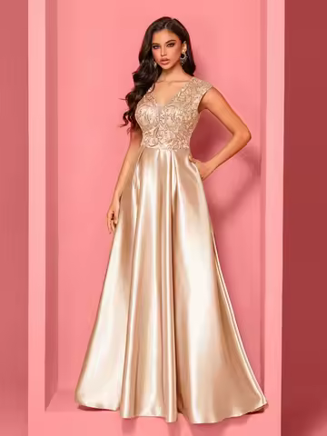 Luxury Gold Satin V-Neck Evening Dress Elegant 2025 Women Sequin Wedding Party Prom Floor Lenght Cocktail Dress Graduation Gowns