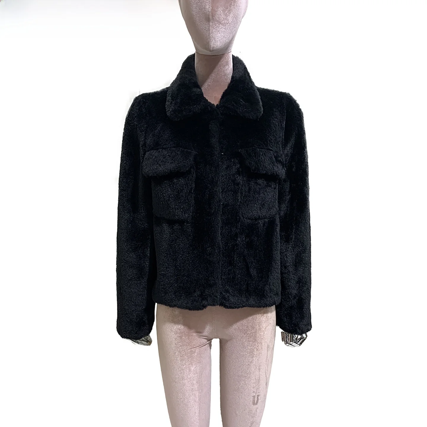 Nerazzurri Young Style Short Collar Slim Fit Black Rabbit Fur Coat Women's Elegant Comfortable Warm Whole Skin Coat