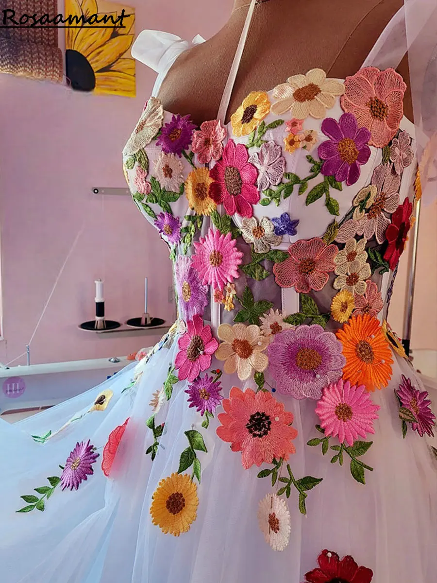 Robe de Mariée Trapèze à Bretelles Spaghetti avec Nministériels d, en Dentelle Florale 3D Colorée, Style Boho, pour Patients