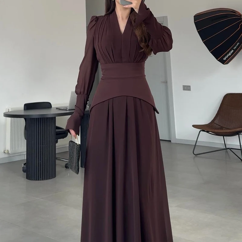 Temperament Solid Color Hollow Out Maxi Dress V-neck Vintage Long Sleeve Slim Evening Dress Lady High Waist Pleat Banquet Dress
