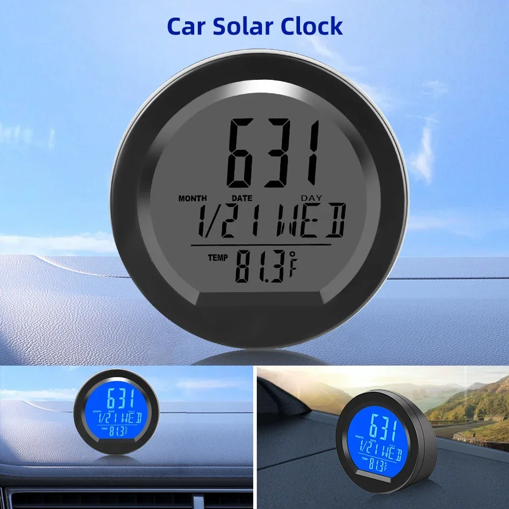 2 IN 1 Solar Car Digital Clock Date Week Thermometer LCD Luminous Display for Dashboard Car Clock Automobiles Internal Stick-On