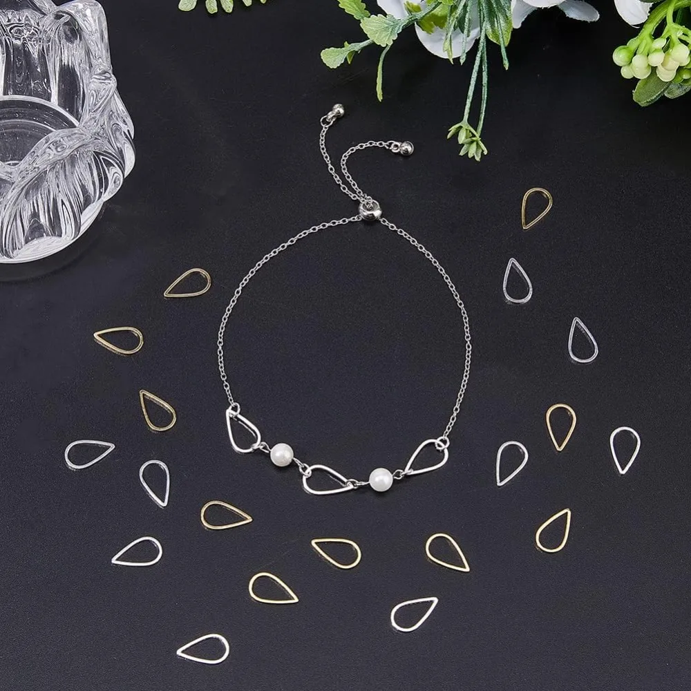 60Pcs 2 Colors Teardrop Charm Connectors Brass Drop Linking Rings Waterdrop Open Bezels Teardrop Hollow Frames for Bracelet - view 5